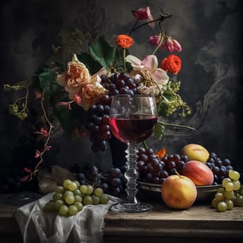 Classic still life composition with a rich arrangement of flowers and fresh fruits and a glass of wine, accented by lush, vintage floral elements