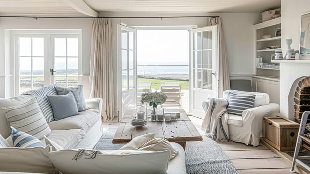 Interior of a living room with white walls, sofa and cushions. Sitting room in coastal cottage with sea view. Luxury lounge room