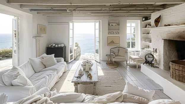 Interior of a living room with white walls, sofa and cushions. Sitting room in coastal cottage with sea view. Luxury lounge room