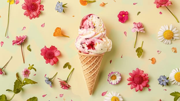 Scoops of ice cream in a waffle cones on a colorful background