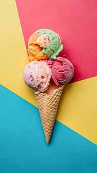 Scoops of ice cream in a waffle cone on a colorful background