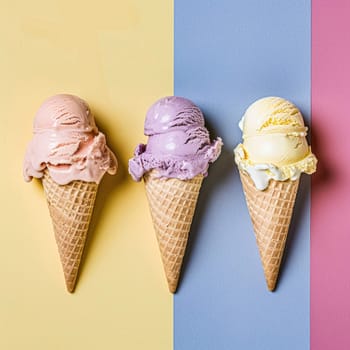 Scoops of ice cream in a waffle cones on a colorful background