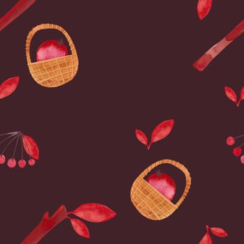 Seamless pattern with autumn leaves, berries, twigs and baskets on a brown background. Pattern for wrapping paper, home and seasonal textiles, curtains, tablecloths, kitchen and nursery decoration