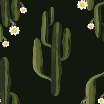 Blooming saguaro cactus. Seamless watercolor pattern for wrapping paper, wallpaper and textiles