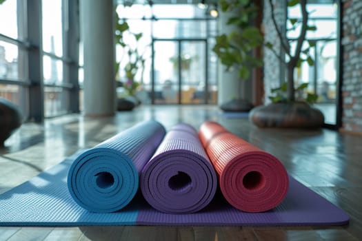 Close-up of rolled yoga or fitness mats on a wooden floor in a yoga studio.