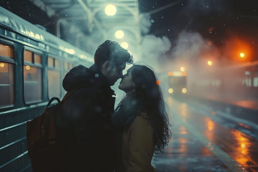 A couple in love hugs on the railway platform. Photo in cinematic style.