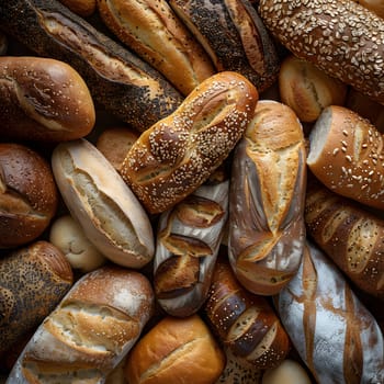 A variety of breads made from singleorigin ingredients are stacked on top of each other, showcasing a diverse range of staple foods and natural plantbased ingredients