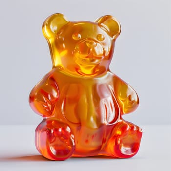 An amber colored gummy bear toy is placed delicately on a white surface. This collectable animal figure is a creative art piece, resembling a felidae with a cute tail