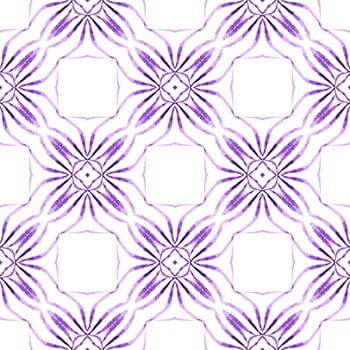 Textile ready surprising print, swimwear fabric, wallpaper, wrapping. Purple impressive boho chic summer design. Watercolor summer ethnic border pattern. Ethnic hand painted pattern.