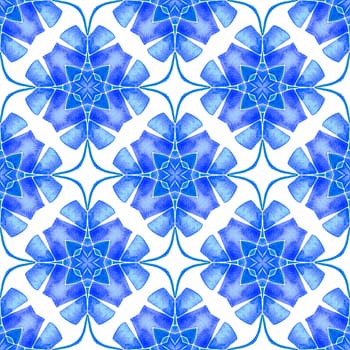 Summer exotic seamless border. Blue beauteous boho chic summer design. Textile ready extraordinary print, swimwear fabric, wallpaper, wrapping. Exotic seamless pattern.