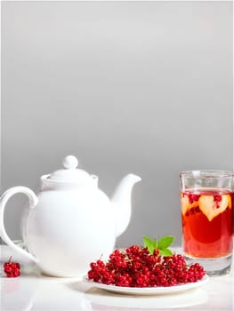 Hawthorn berry tea glass teapot bright red berries rich pink color heart healthy. Drink isolated on transparent background.