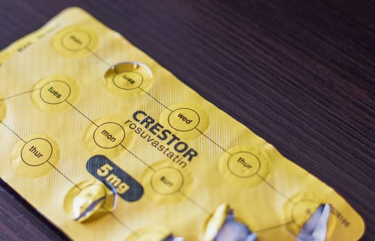 Close up shot of the crestor medicine with daily reminder type blister pack