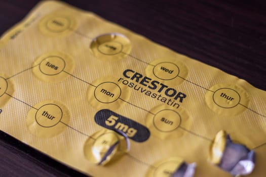 Close up shot of the crestor medicine with daily reminder type blister pack