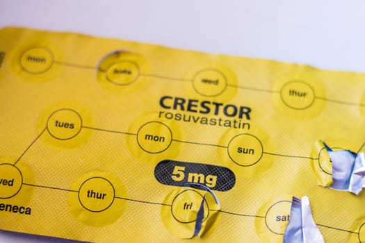Close up shot of the crestor medicine with daily reminder type blister pack