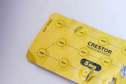 Close up shot of the crestor medicine with daily reminder type blister pack