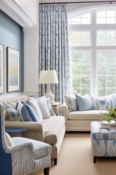 Interior design, living room decor and house improvement, furniture, sofa, home decor, white and blue textiles, country cottage lounge style, post-processed, generative ai