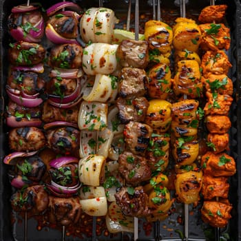 A variety of food skewered on a grill, including ingredients like meats, vegetables, and fruits. This finger food dish offers a mix of savory, sweet, and comforting flavors