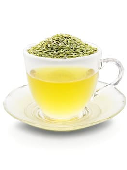 Fennel seed tea glass teacup whole fennel seeds pale yellow liquid digestive aid. Drink isolated on transparent background.