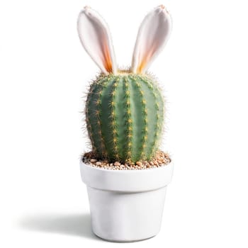 Bunny Ears Cactus small clustered green cactus with ear shaped protrusions in a white ceramic. Plants isolated on transparent background.