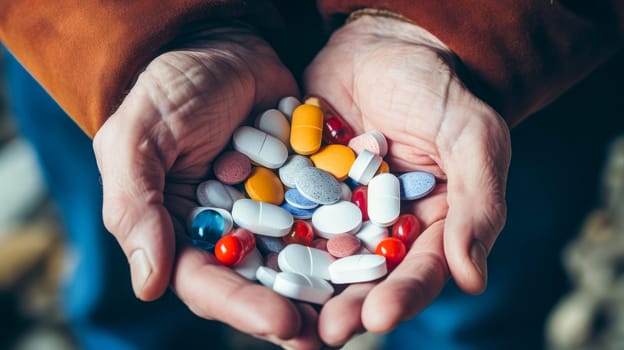 Pills in the hands of an elderly man. Medicine, treatment in a medical institution, healthy lifestyle, medical life insurance, pharmacies, pharmacy, treatment in a clinic.