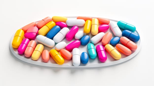 Multi-colored bright tablets on a white background. Medicine, treatment in a medical institution, healthy lifestyle, medical life insurance, pharmacies, pharmacy, treatment in a clinic.