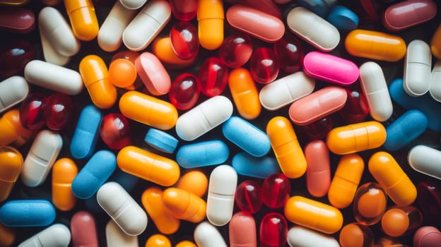 A large number of multi-colored tablets and vitamins, close-up. Medicine, treatment in a medical institution, healthy lifestyle, medical life insurance, pharmacies, pharmacy, treatment in a clinic.