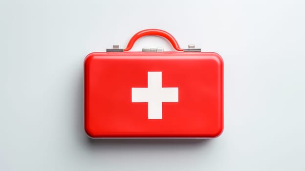 Red first aid kit with a cross with medicines on a white background. Medicine, treatment in a medical institution, healthy lifestyle, medical life insurance, pharmacies, pharmacy, treatment in a clinic.