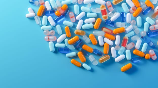 Multi-colored tablets, capsules and vitamins on a blue background.Medicine, treatment in a medical institution, healthy lifestyle, medical life insurance, pharmacies, pharmacy, treatment in a clinic.