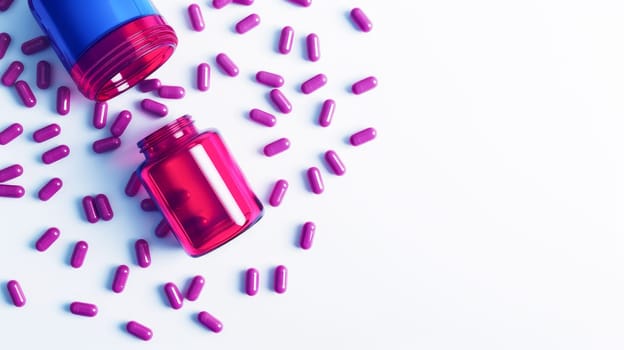 Pink pills, capsules and vitamins on a white background. Medicine, treatment in a medical institution, healthy lifestyle, medical life insurance, pharmacies, pharmacy, treatment in a clinic.