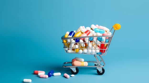 Multi-colored tablets, capsules and vitamins in a jar on a blue background in a shopping cart. Medicine, treatment in a medical institution, healthy lifestyle, medical life insurance, pharmacies, pharmacy, treatment in a clinic.