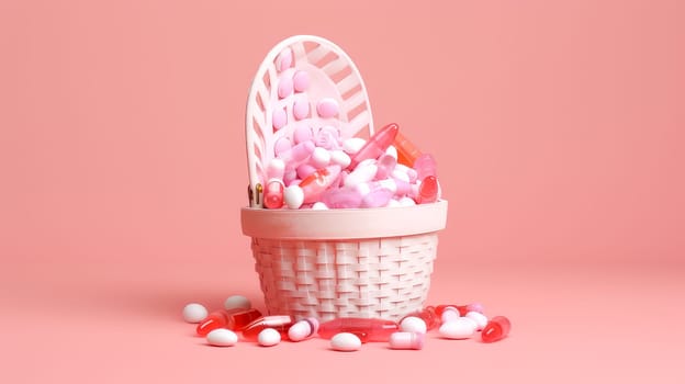 Multi-colored tablets, capsules and vitamins in a jar on a pink background in a shopping cart. Medicine, treatment in a medical institution, healthy lifestyle, medical life insurance, pharmacies, pharmacy, treatment in a clinic.