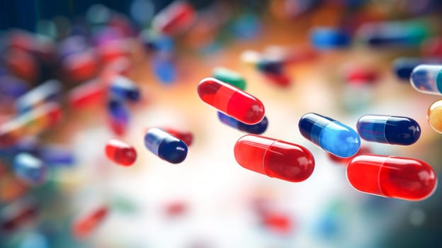 A large number of multi-colored tablets, capsules and vitamins with light, close-up. Medicine, treatment in a medical institution, healthy lifestyle, medical life insurance, pharmacies, pharmacy, treatment in a clinic.