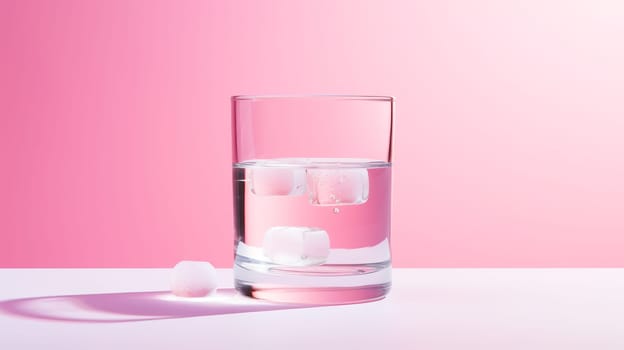 Glass with clear water and pills during illness on a pink background. Medicine, treatment in a medical institution, healthy lifestyle, medical life insurance, pharmacies, pharmacy, treatment in a clinic.