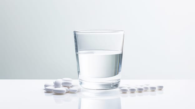 Glass with clear water and pills during illness on a white background. Medicine, treatment in a medical institution, healthy lifestyle, medical life insurance, pharmacies, pharmacy, treatment in a clinic.