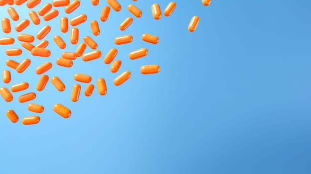 Yellow orange pills, capsules and vitamins in a jar on a blue background. Medicine, treatment in a medical institution, healthy lifestyle, medical life insurance, pharmacies, pharmacy, treatment in a clinic.