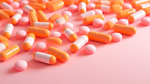 Yellow orange pills, capsules and vitamins in a jar on a pink background. Medicine, treatment in a medical institution, healthy lifestyle, medical life insurance, pharmacies, pharmacy, treatment in a clinic.