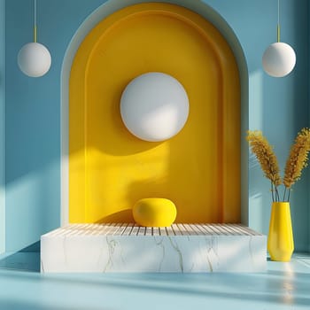An azure and yellow room with a vibrant yellow door, an inflatable toy in a corner, and a vase of flowers. The interior design combines circles and rectangles for a modern look