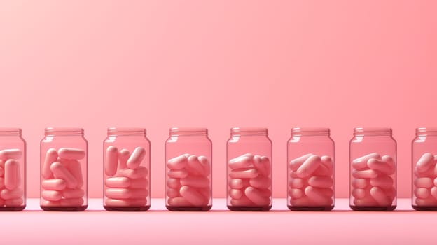 Multi-colored pills in jars on a pink background. Medicine, treatment in a medical institution, healthy lifestyle, medical life insurance, pharmacies, pharmacy, treatment in a clinic.