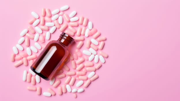 White pink pills, capsules and vitamins in a jar on a pink background. Medicine, treatment in a medical institution, healthy lifestyle, medical life insurance, pharmacies, pharmacy, treatment in a clinic.