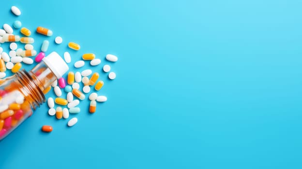 Multi-colored tablets, capsules and vitamins in a jar on a blue background. Medicine, treatment in a medical institution, healthy lifestyle, medical life insurance, pharmacies, pharmacy, treatment in a clinic.