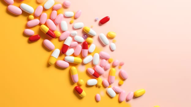 Multi-colored tablets, capsules and vitamins in a jar on a pink background. Medicine, treatment in a medical institution, healthy lifestyle, medical life insurance, pharmacies, pharmacy, treatment in a clinic.