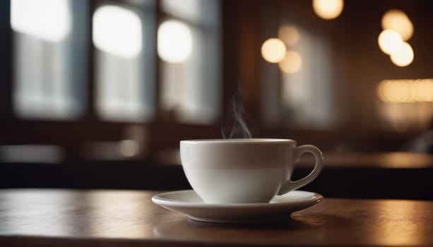 Cafe hot cup of coffee on a saucer on a dark background, casting a thin shadow. Bokeh in the background