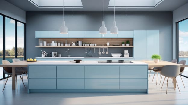 Modern home interior. Modern kitchen design in a blue light interior. Modern apartment home design software. Preparing food, food and drinks in the comfort of your home kitchen. copy space, studio and real estate advertising, premises rental