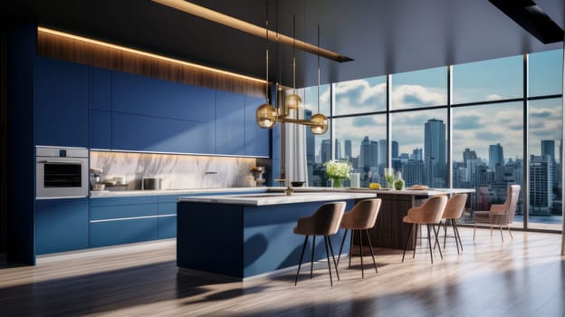 Modern home interior. Modern kitchen design in a blue light interior. Modern apartment home design software. Preparing food, food and drinks in the comfort of your home kitchen. copy space, studio and real estate advertising, premises rental