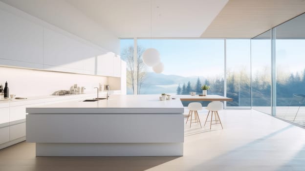 Modern home interior. Modern kitchen design in a white, bright interior. Modern apartment home design software. Preparing food, food and drinks in the comfort of your home kitchen. copy space, studio and real estate advertising, premises rental