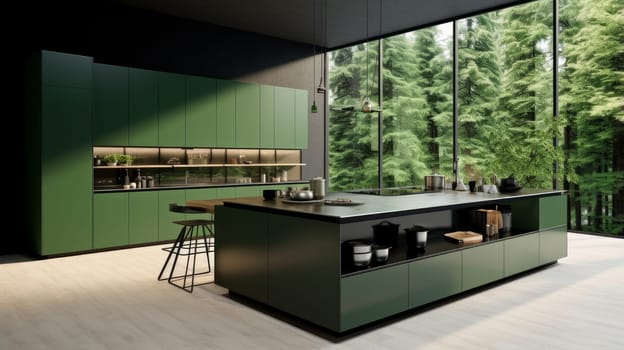 Modern home interior. Modern kitchen design in a green, light interior. Modern apartment home design software. Preparing food, food and drinks in the comfort of your home kitchen. copy space, studio and real estate advertising, premises rental