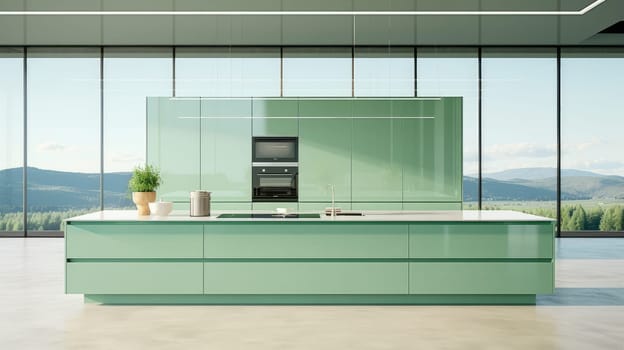 Modern home interior. Modern kitchen design in a green, light interior. Modern apartment home design software. Preparing food, food and drinks in the comfort of your home kitchen. copy space, studio and real estate advertising, premises rental