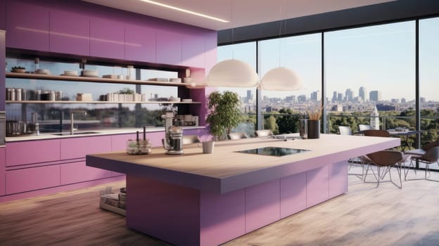 Modern home interior. Modern kitchen design in a purple light interior. Modern apartment home design software. Preparing food, food and drinks in the comfort of your home kitchen. copy space, studio and real estate advertising, premises rental
