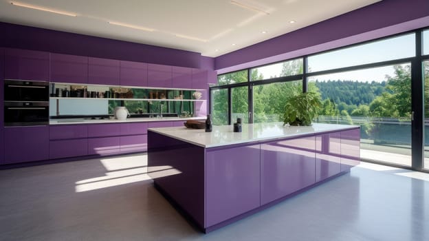 Modern home interior. Modern kitchen design in a purple light interior. Modern apartment home design software. Preparing food, food and drinks in the comfort of your home kitchen. copy space, studio and real estate advertising, premises rental