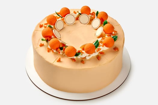 Luscious smooth cream honey cake decorated with chocolate details mimicking oranges with green leaves, on white presentation base. Traditions of confectionery craftsmanship